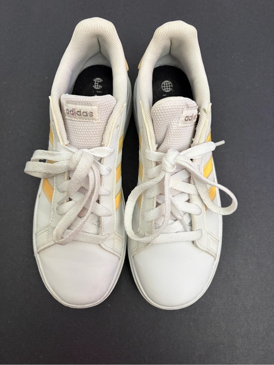 adidas Other - adidas White Sneakers with Iridescent Yellow Accent Stripes